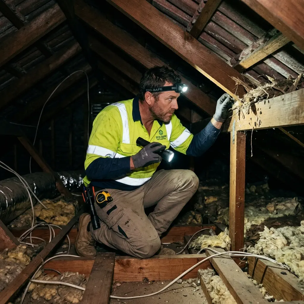 Technician inspecting a roof cavity for a dead animal in Woori Yallock